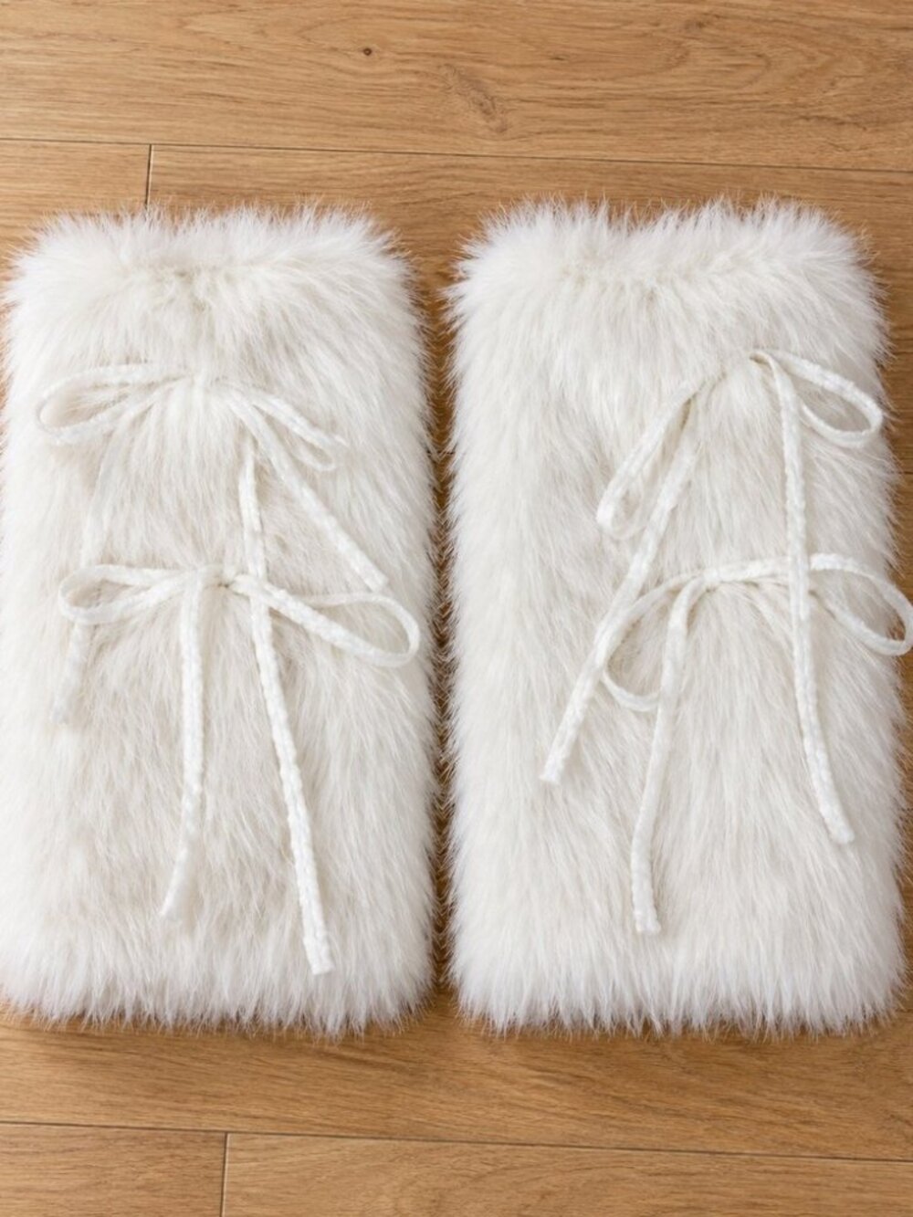 White faux fur leg warmers with bow ties - fluffy boot cuffs y2k coquette